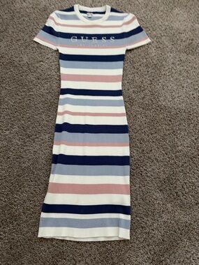GUESS Navy, Blush, Light Blue & White Striped Ribbed Midi Dress